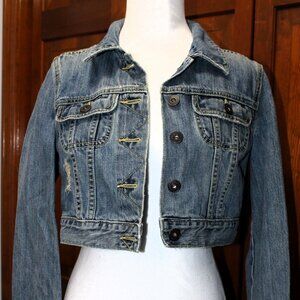 Old Navy cropped denim jean jacket, distressed, button down